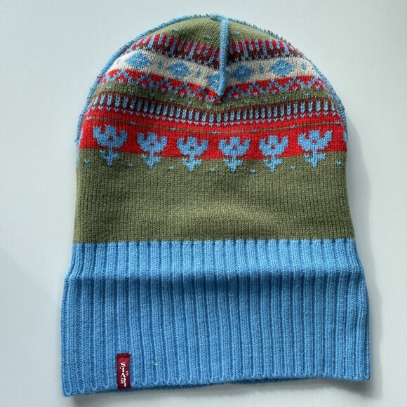 Levi's Flower Knit Foldover Beanie Powder Blue Nordic Unisex One Size OS Pom Pom - Picture 11 of 13